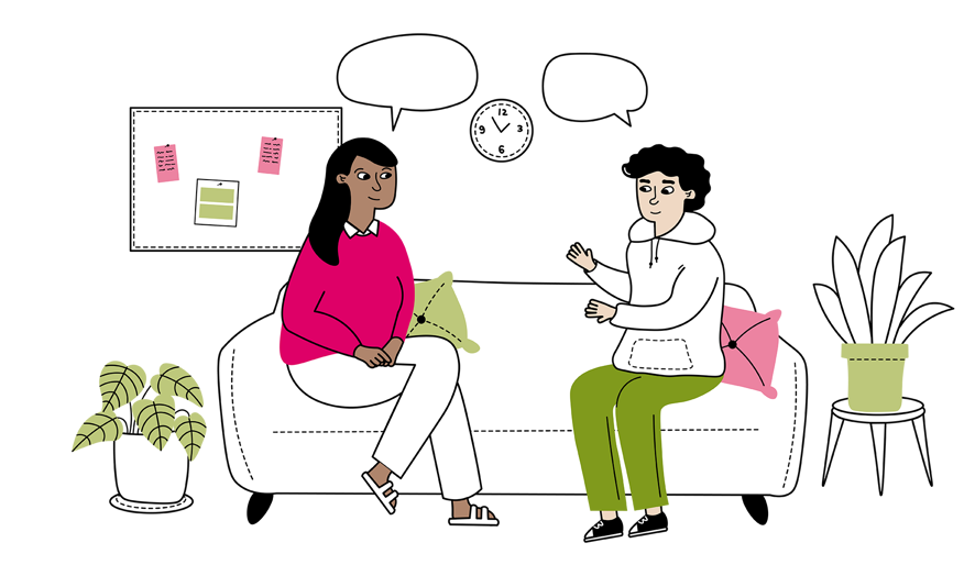 Illustration av en vuxen och en tonåring som sitter i en soffa och pratar med varandra.