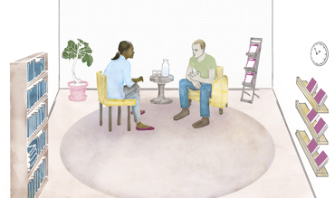 illustration av två personer som sitter i två fåtöljer i ett rum och samtalar. 