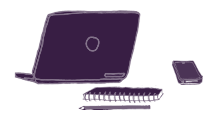 Illustration av en laptop, ett anteckningsblock, en penna och en mobil.