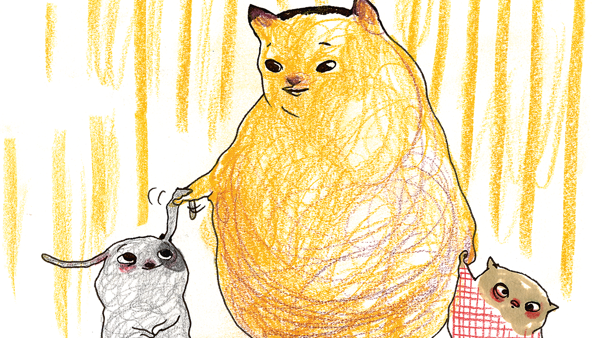 En illustration från boken Liten. En större figur som håller två mindre figurer i handen.