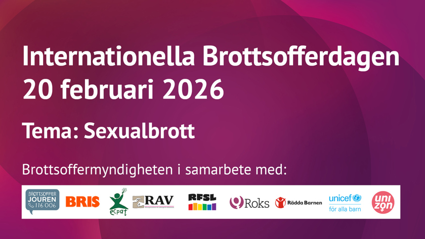 Bild med texten Internationella brottsofferdagen 20 februari 2026. Tema: Sexualbrott. 