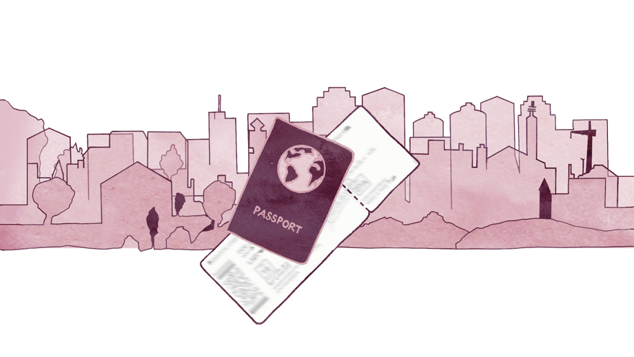 Pass och flygbiljetter mot en storstadsiluett