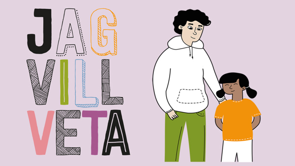 Illustration av Jag vill vetas logotyp och en tonåring och ett barn som ler.