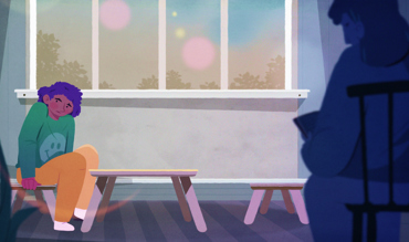 Illustration av ett barn i ett rum som ser orolig ut