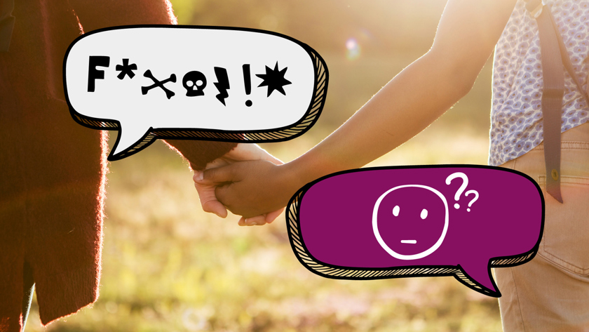 Två personer håller händerna och två pratbubblor syns.