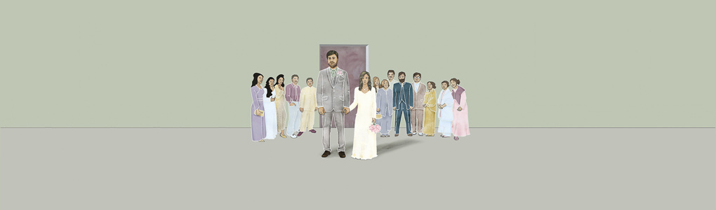 Illustration av ett bröllop mellan en vuxen man och en ung tjej. 