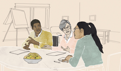 Tre personer har ett projektmöte.