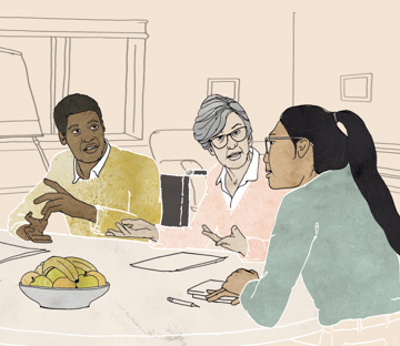 Tre personer har ett projektmöte.