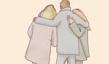 Illustration av tre personer som håller om varandra. 