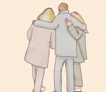 Illustration av tre personer som håller om varandra. 