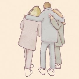 Illustration av tre personer som håller om varandra.
