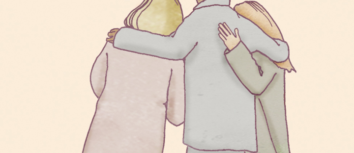 Illustration av tre personer som håller om varandra.