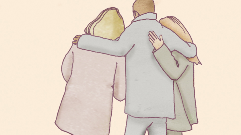 Illustration av tre personer som håller om varandra.