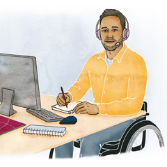 En stödperson i rullstol vid ett skrivbord som ger digitalt stöd.