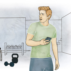 Ung person i gym som håller i mobil och tittar sig över axeln.