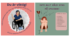 Bild på webbannonser med texten: Du är viktig! Varje människa har rätt att bestämma över sitt liv. Återta makten över dina relationer! samt Inte allt våld syns på utsidan. Typer av våld: fysiskt, psykiskt, sexuellt, materiellt, ekonomiskt, digitalt, latent och försummelse.