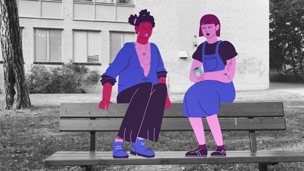Illustration av två ungdomar som sitter på en bänk
