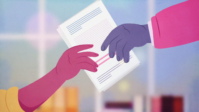 Illustration illustration av två personers händer som ger varandra ett dokument