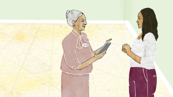 Illustration av två personer som pratar i ett väntrum. 