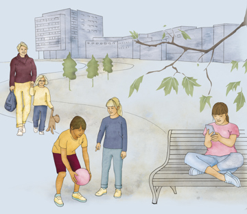 Illustration av flera barn i en park