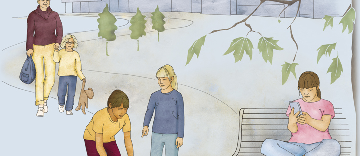 Illustration av flera barn i en park